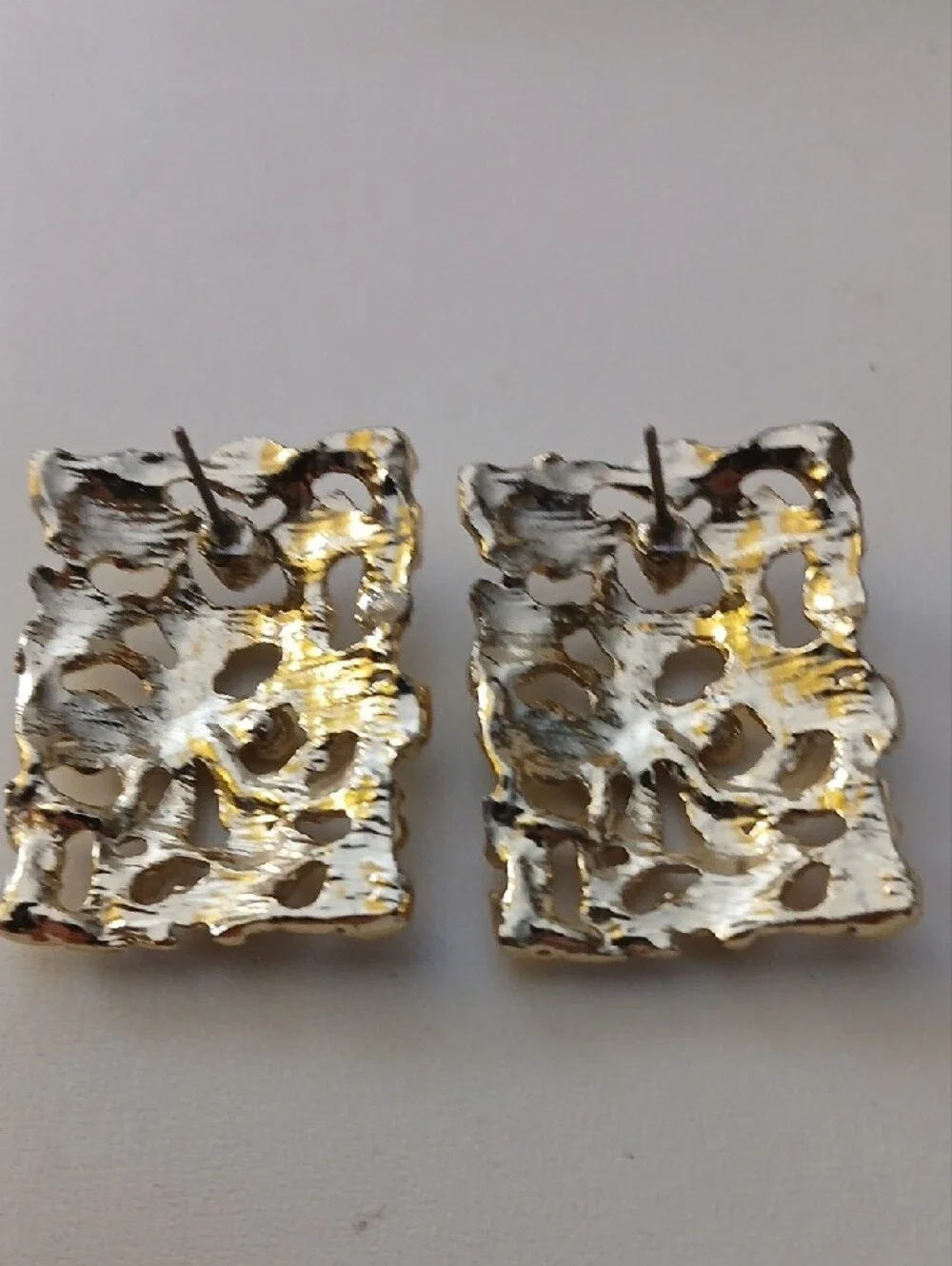 Mid Century Brutalist Silver Tone Textured Rectangle Statement Earrings